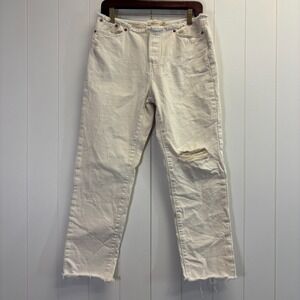 Levis Women Neutral Wedgie Straight Raw Hem Denim Jeans Size 28 Cream Distressed